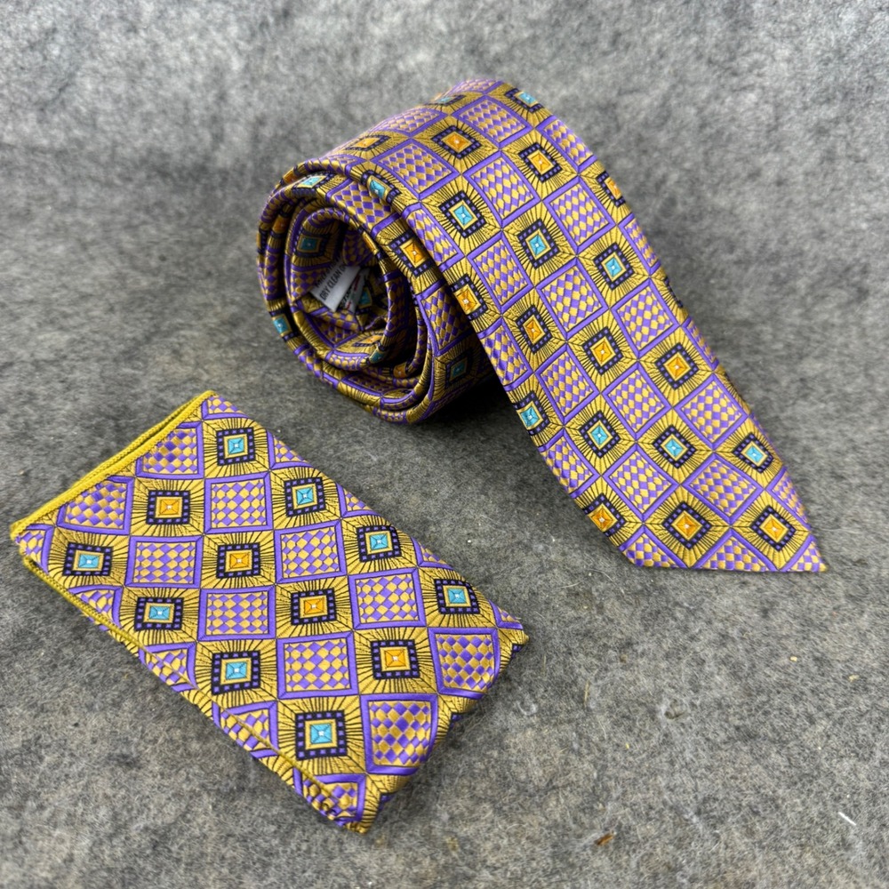 Ancora Italy Mens Tie Pocket Square Set Purple Gold Geometric Microfiber NWOT